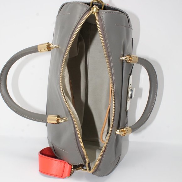 Sass & Bide Satchel Bag The Ember  Gray Pocketed Zippered Orange Strap Purse Lux - Picture 7 of 11